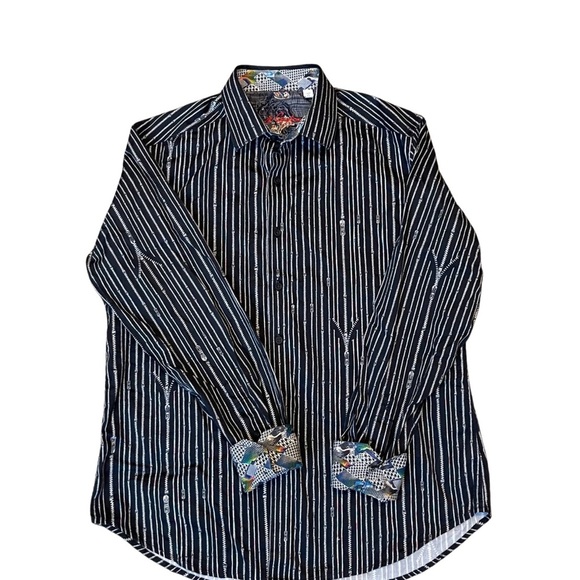 Robert Graham zipper novelty print roll cuff long sleeve men black button down M - Picture 2 of 11